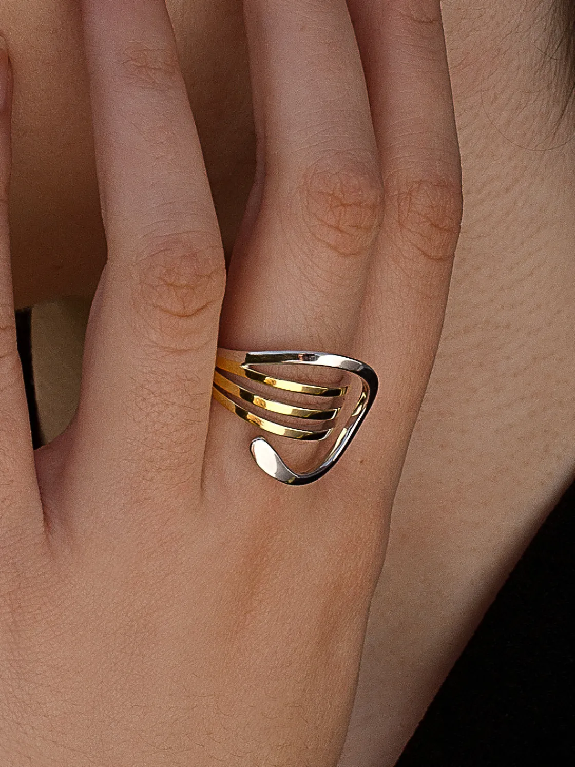 Anillos Bicolor | LINEARGENT Anillo bicolor de plata tres carriles dorados y círculo central