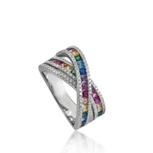 Anillos Especiales | Anillos Con Piedras | LINEARGENT Anillo con piedras diseño raíles cruzados multicolor