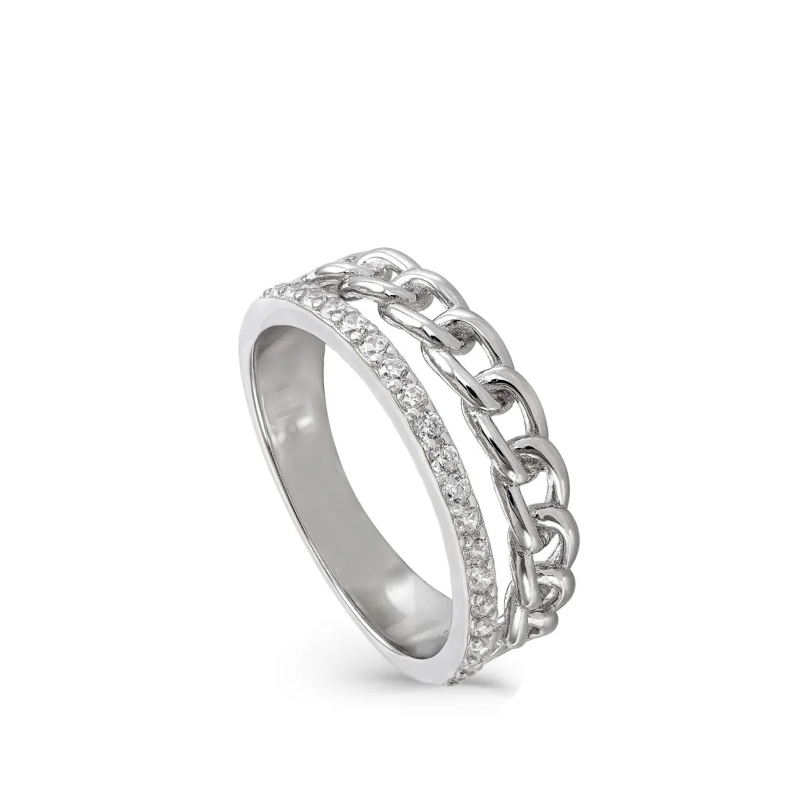 Anillos Anchos | LINEARGENT Anillo de plata doble rail en circonita y diseño eslabon (Testing)