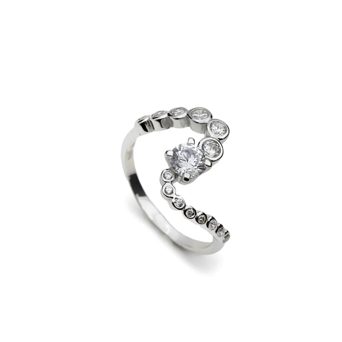 Anillos De Diseño | Anillos Circonitas | LINEARGENT Anillo de plata ondulado con circonitas de diferentes medidas en su contorno