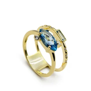 Anillos Especiales | Anillos Dorados | LINEARGENT Anillo doble con piedras en tono azul