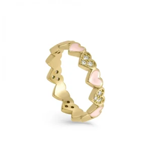Anillos Finos | LINEARGENT Anillo esmalte diseño de corazones en tono rosa y circonitas