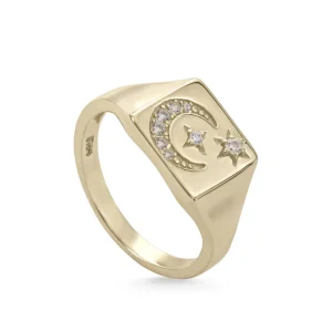 Anillos Dorados | Anillo Sello | LINEARGENT Anillo sello de plata con motivo de luna y estrellas