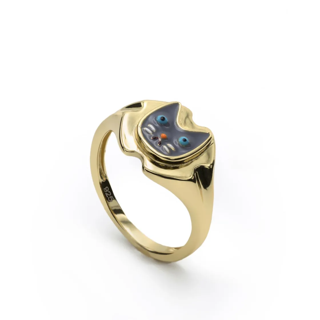 Anillos De Diseño | Anillo Sello | LINEARGENT Anillo sello diseño cara de gato sobre esmalte