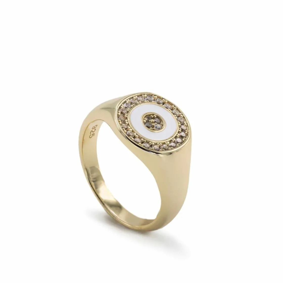 Anillos Dorados | Anillo Sello | LINEARGENT Anillo sello diseño circular esmalte blanco con circonitas