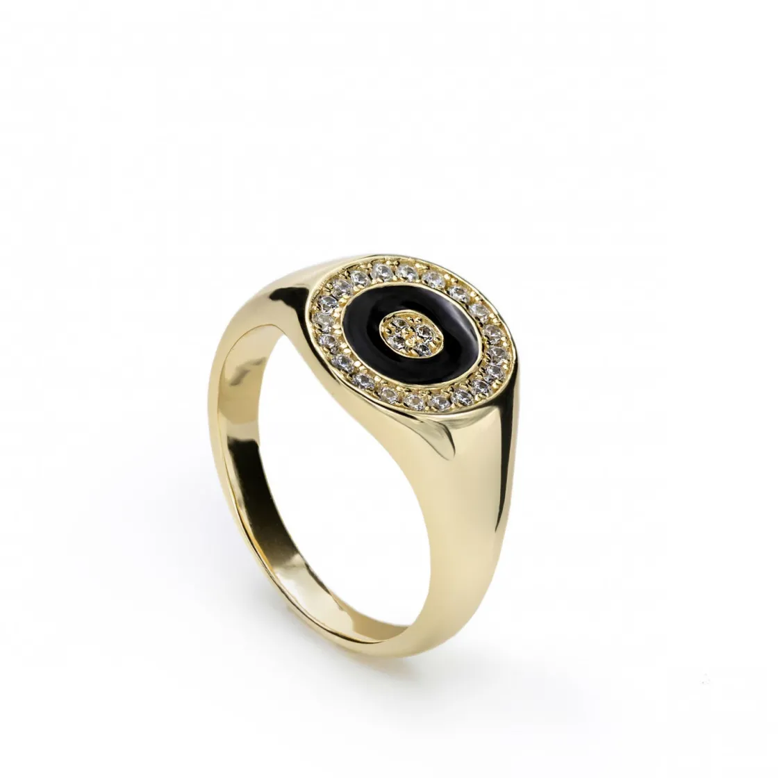 Anillos Dorados | Anillo Sello | LINEARGENT Anillo sello diseño circular esmalte negro con circonitas