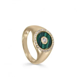 Anillo Sello | LINEARGENT Anillo sello diseño círculo de malaquita y circonitas