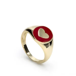 Anillos Dorados | Anillo Sello | LINEARGENT Anillo sello diseño de corazón y esmalte rojo