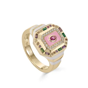 Anillos Con Piedras | LINEARGENT Anillo sello diseño octagonal con esmalte y circonitas