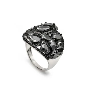 Anillos Con Piedras | Anillos Grandes | LINEARGENT Anillos anchos con circonitas negras y motivo floral