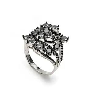 Anillos Con Piedras | Anillos Grandes | LINEARGENT Anillos anchos de circonita estilo floral color negro
