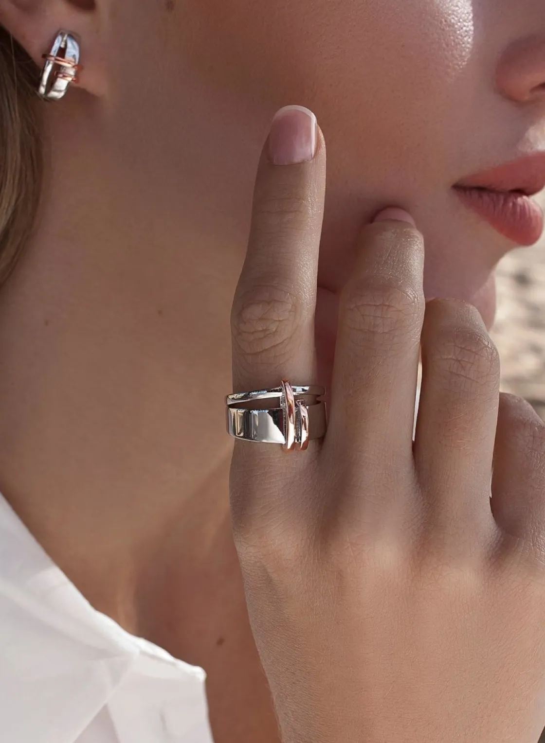 Anillos Bicolor | LINEARGENT Anillos anchos de plata lisa diseño bicolor en rosa