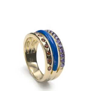 Anillos Dorados | Anillos Con Piedras | LINEARGENT Anillos anchos diseño combinado de esmalte azul y gemas