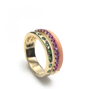 Anillos Con Piedras | LINEARGENT Anillos anchos diseño combinado de esmalte naranja y gemas