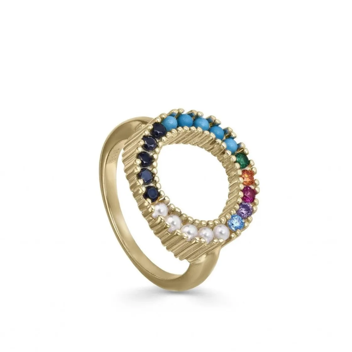 Anillos Dorados | Anillos Anchos | LINEARGENT Anillos anchos dorados diseño circular de gemas y perlas