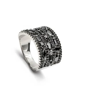 Anillos Con Piedras | LINEARGENT Anillos circonitas de plata color negro diseño ancho