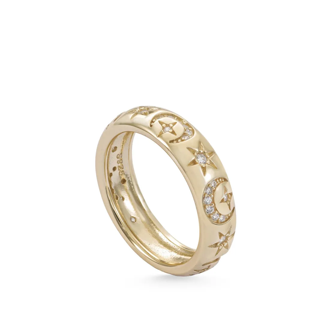 Anillos Dorados | Anillos Pequeños | LINEARGENT Anillos circonitas de plata con motivo de luna y estrellas