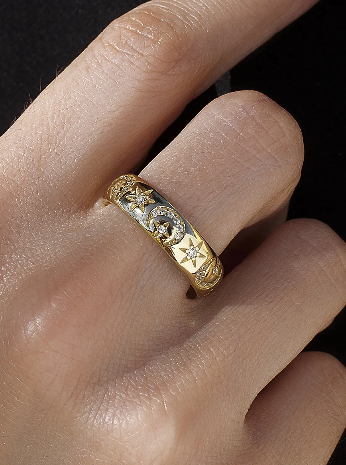 Anillos Dorados | Anillos Pequeños | LINEARGENT Anillos circonitas de plata con motivo de luna y estrellas
