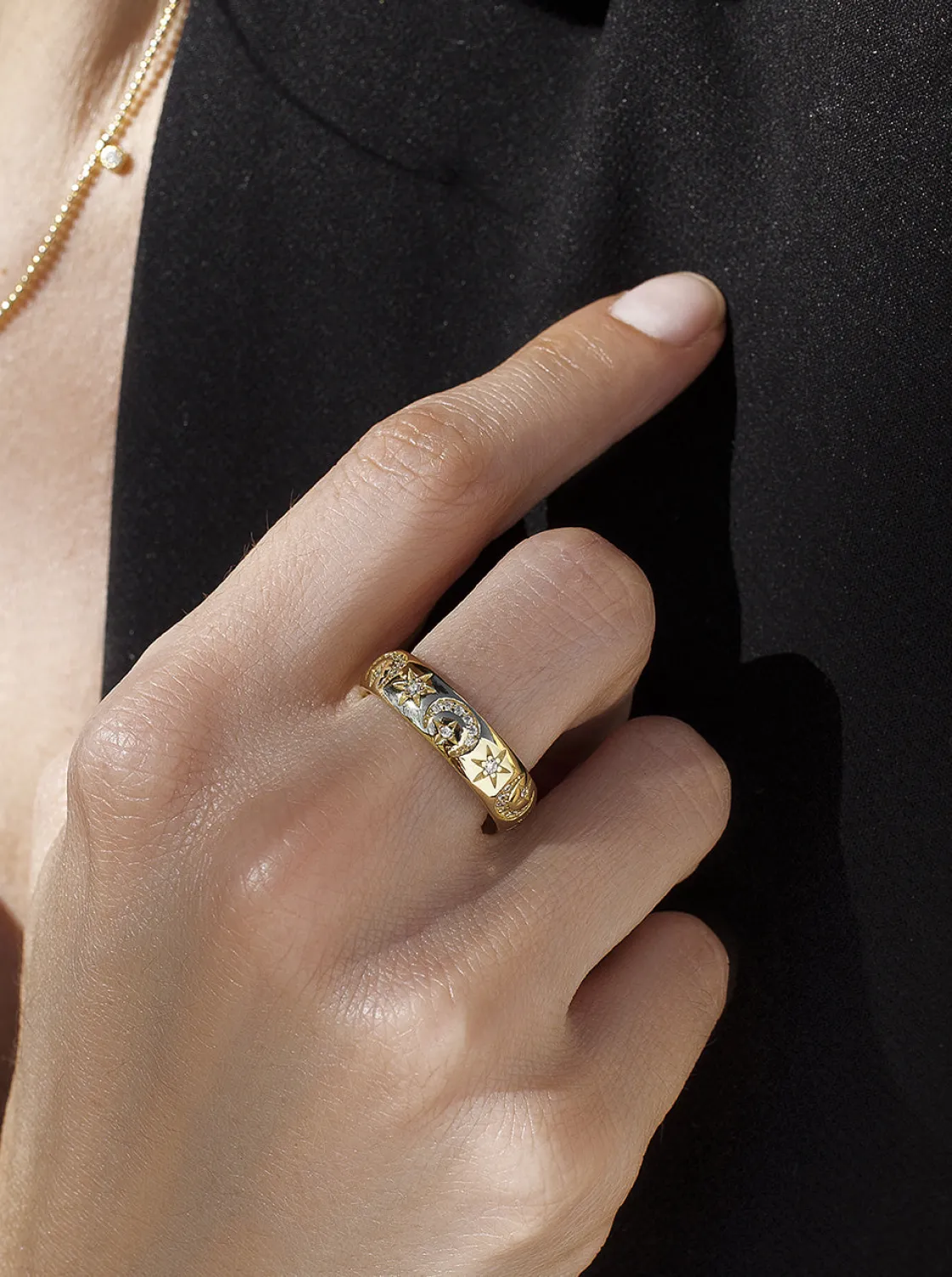 Anillos Dorados | Anillos Pequeños | LINEARGENT Anillos circonitas de plata con motivo de luna y estrellas
