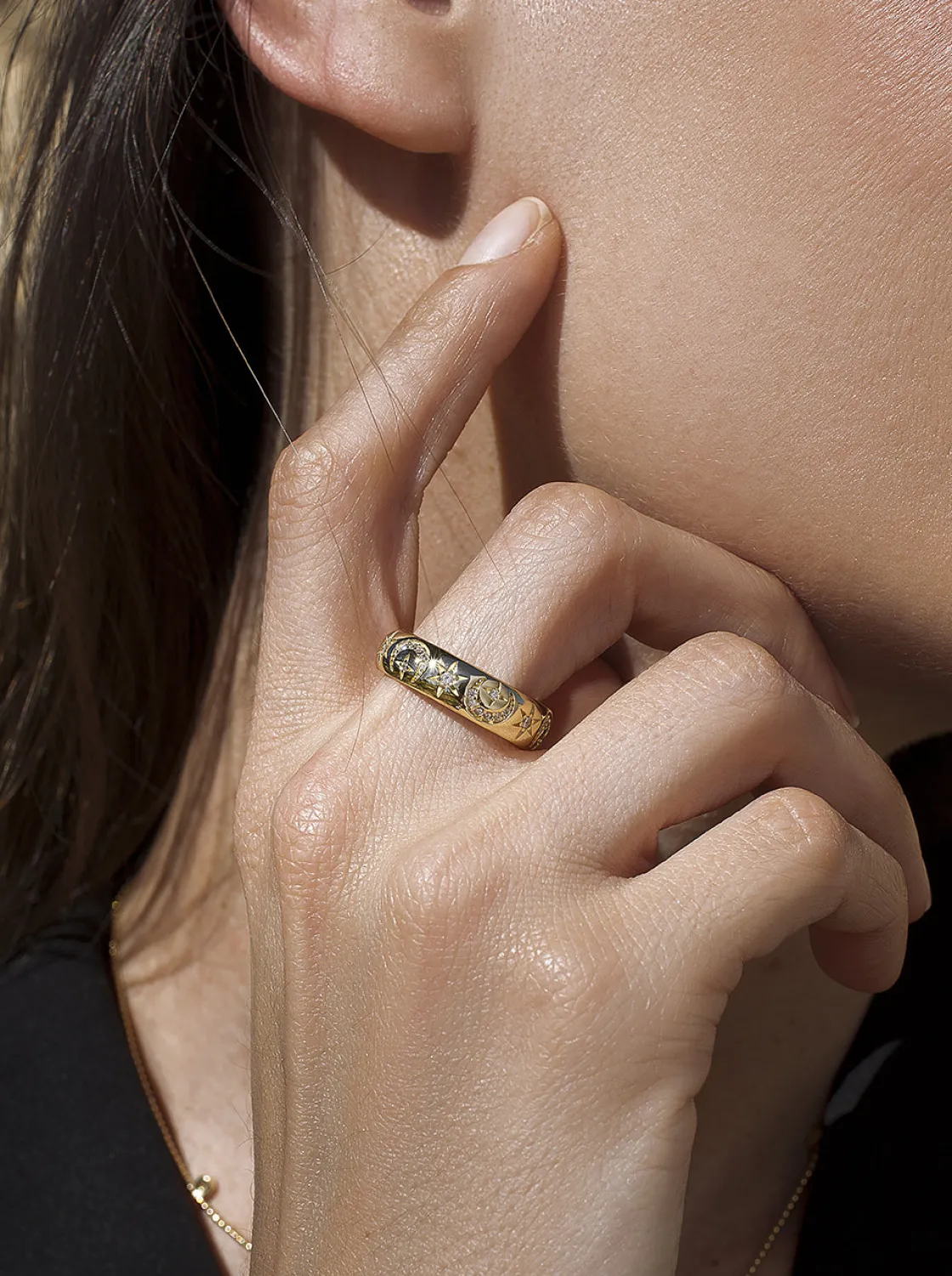 Anillos Dorados | Anillos Pequeños | LINEARGENT Anillos circonitas de plata con motivo de luna y estrellas