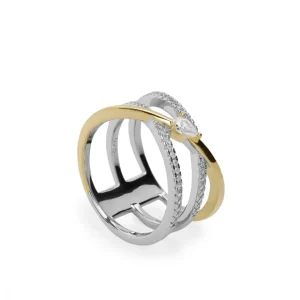 Anillos Bicolor | LINEARGENT Anillos circonitas de plata raíles abrazados con piedra central
