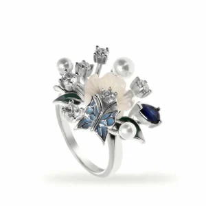 Anillos Con Piedras | Anillos Con Perlas | LINEARGENT Anillos con perlas de plata diseño primaveral azul