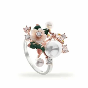 Anillos Con Piedras | Anillos Con Perlas | LINEARGENT Anillos con perlas diseño floral con circonitas