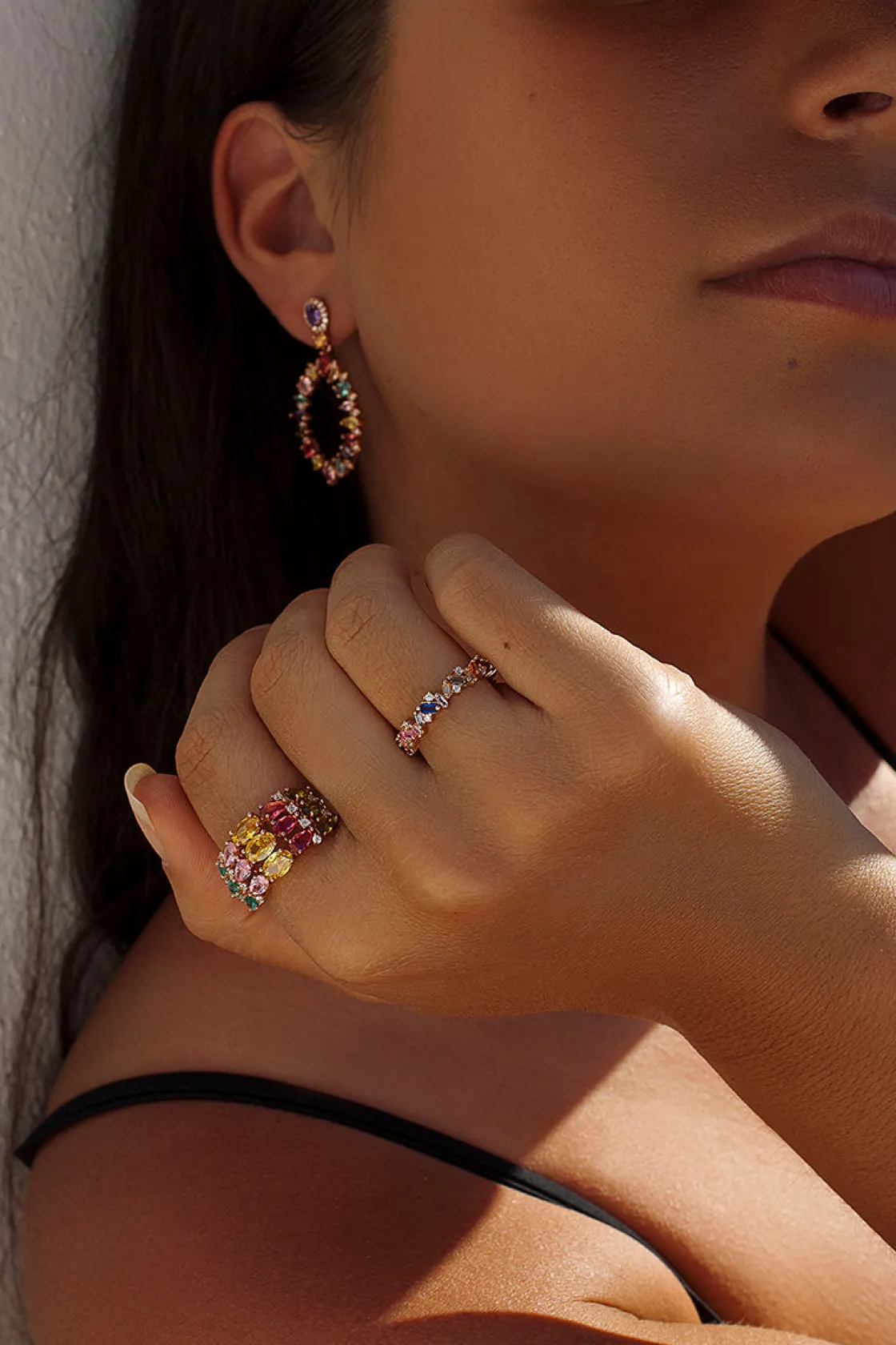 Anillos Dorados | Anillos Pequeños | LINEARGENT Anillos con piedras banda multicolor combinada