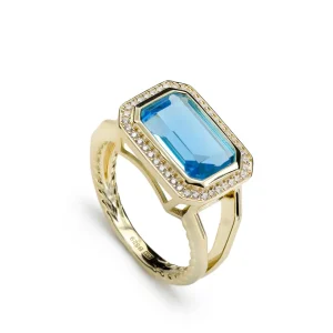 Anillos Especiales | Anillos Dorados | LINEARGENT Anillos con piedras con gema talla esmeralda tono aguamarina