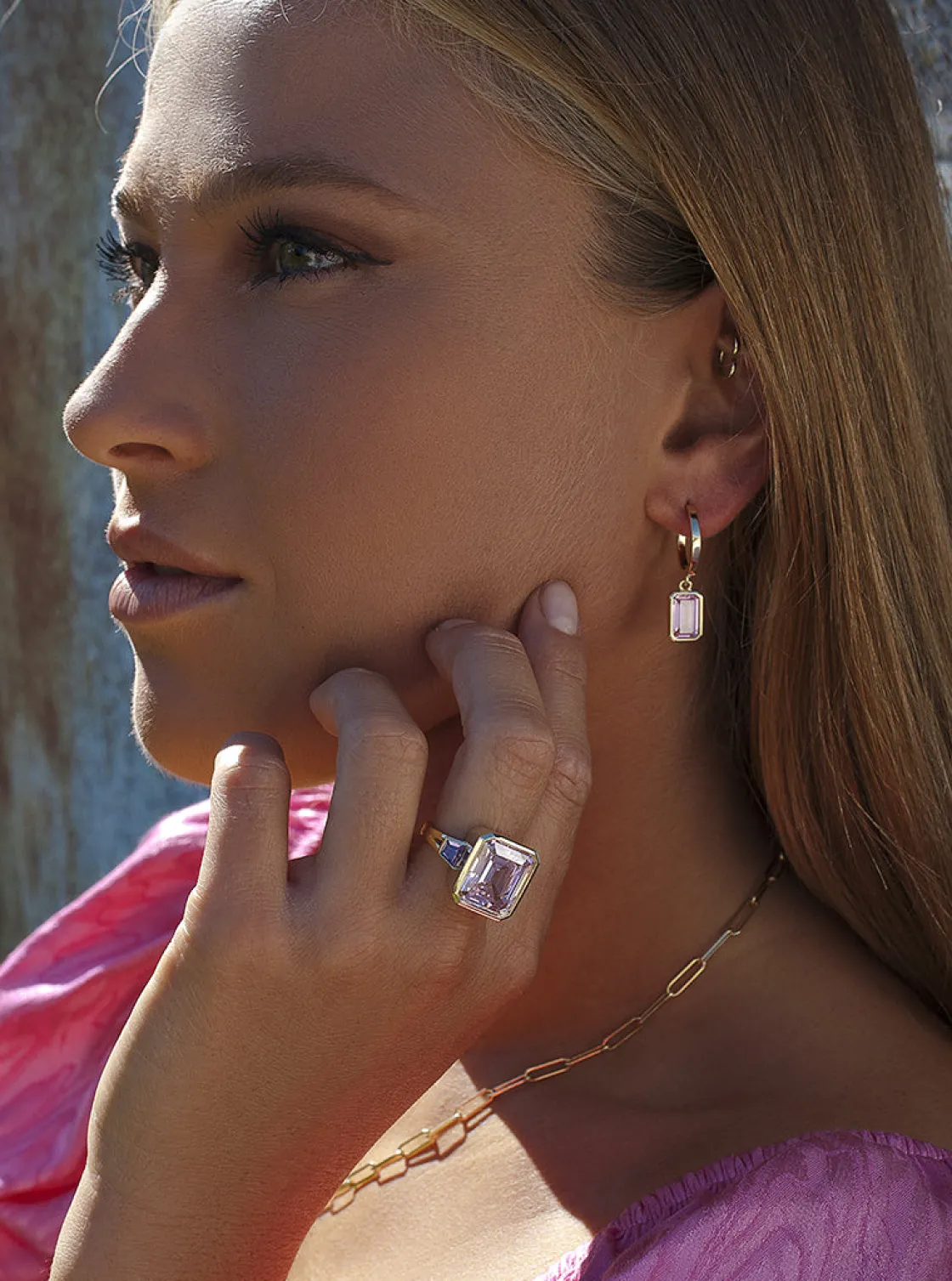 Anillos Con Piedras | LINEARGENT Anillos con piedras con gema talla esmeralda tono rosa