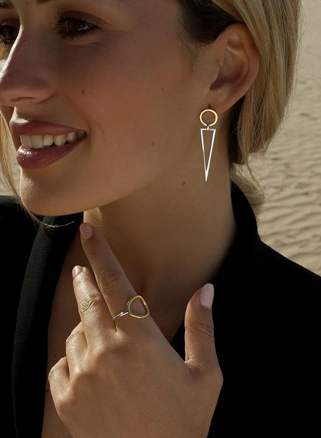 Anillos Bicolor | LINEARGENT Anillos de plata diseño fino con motivo circular dorado