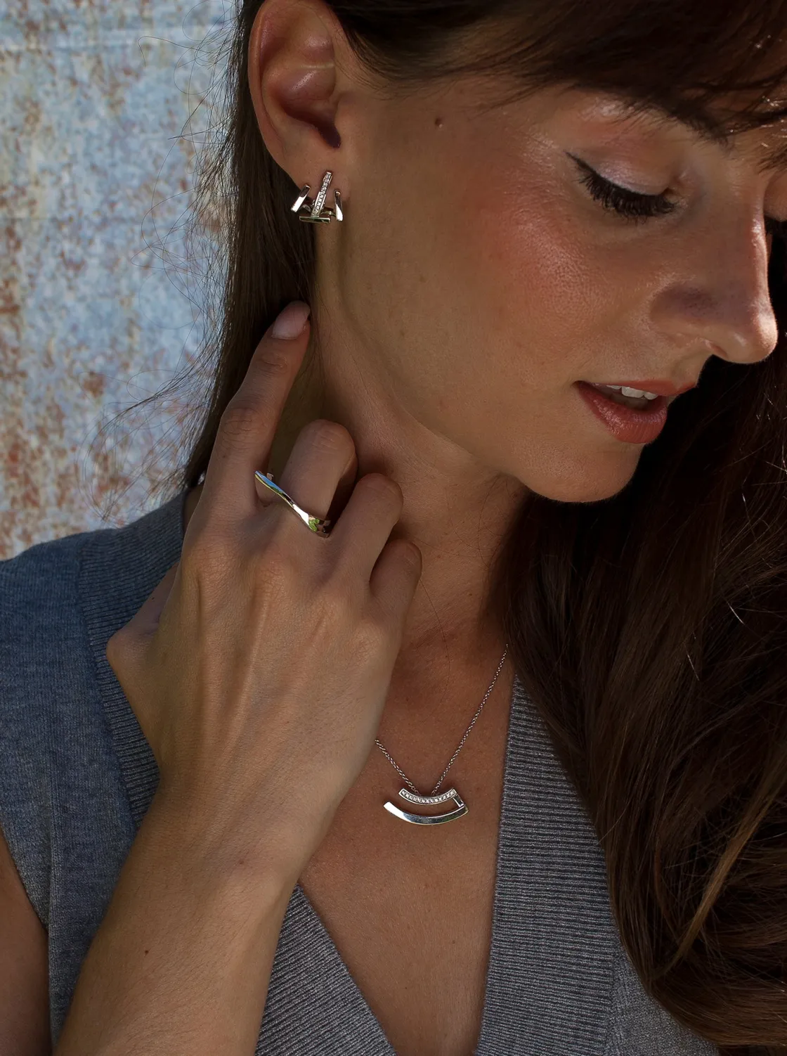 Collares Plata Originales | LINEARGENT Colgante brillante de plata diseño curvilíneo