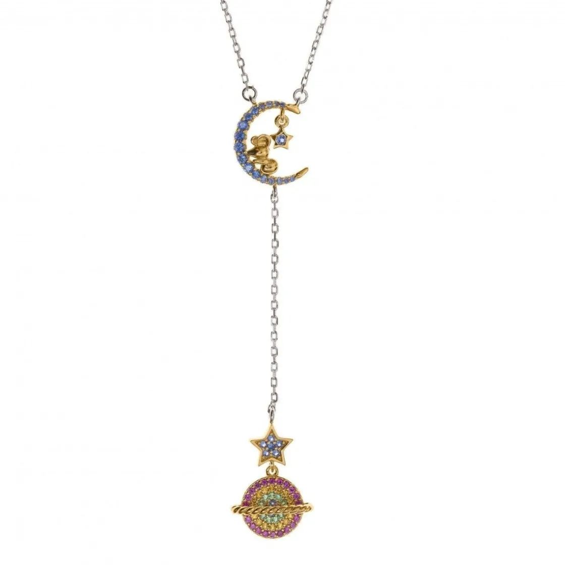 Collares Largos | LINEARGENT Colgante de plata con dos mini charms en motivo de luna y planeta con detalle de circonitas multicolores