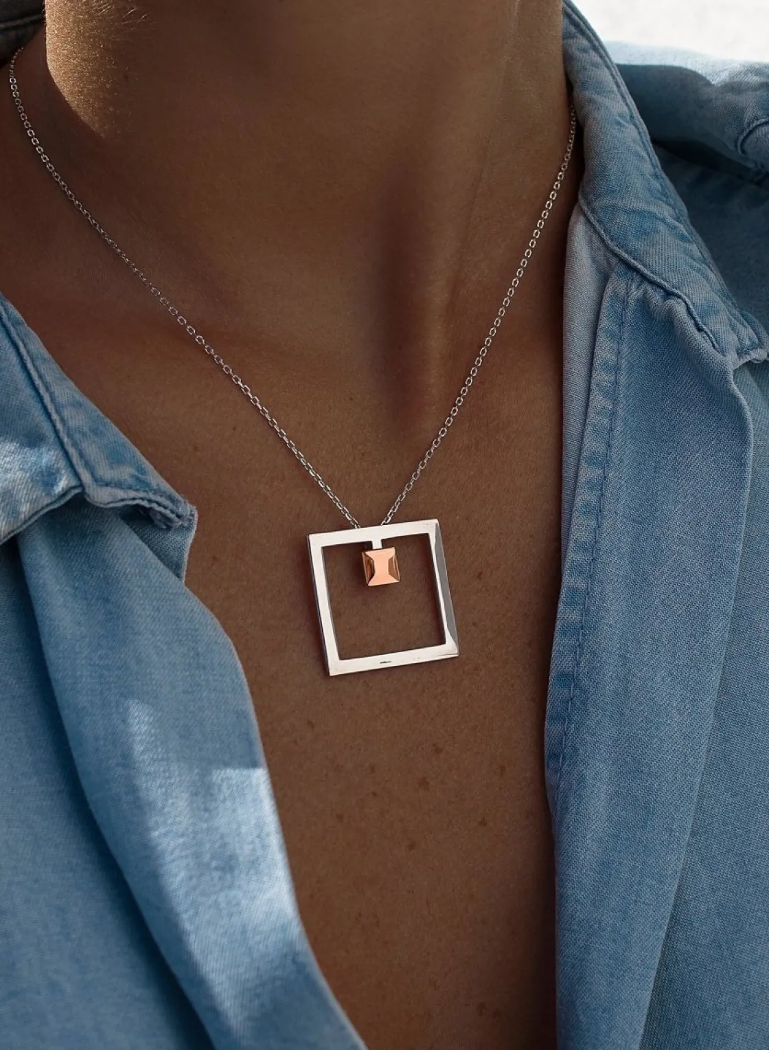Colgantes Bicolor | Colgantes Plata Grandes | LINEARGENT Colgantes bicolor de plata lisa diseño cuadrado