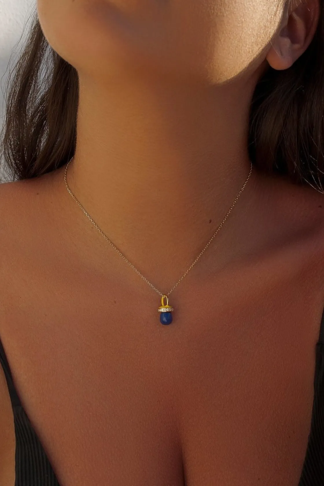 Collares Con Piedras | LINEARGENT Colgantes plata originales con motivo de chupete lapislazuli y esmalte amarillo