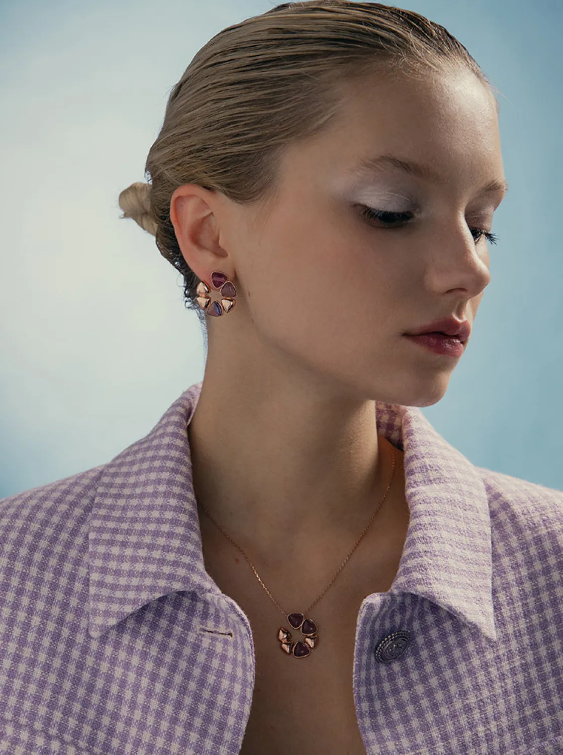Collares Con Piedras | LINEARGENT Collar diseño floral combinada en plata bañada en rosa y detalles morados