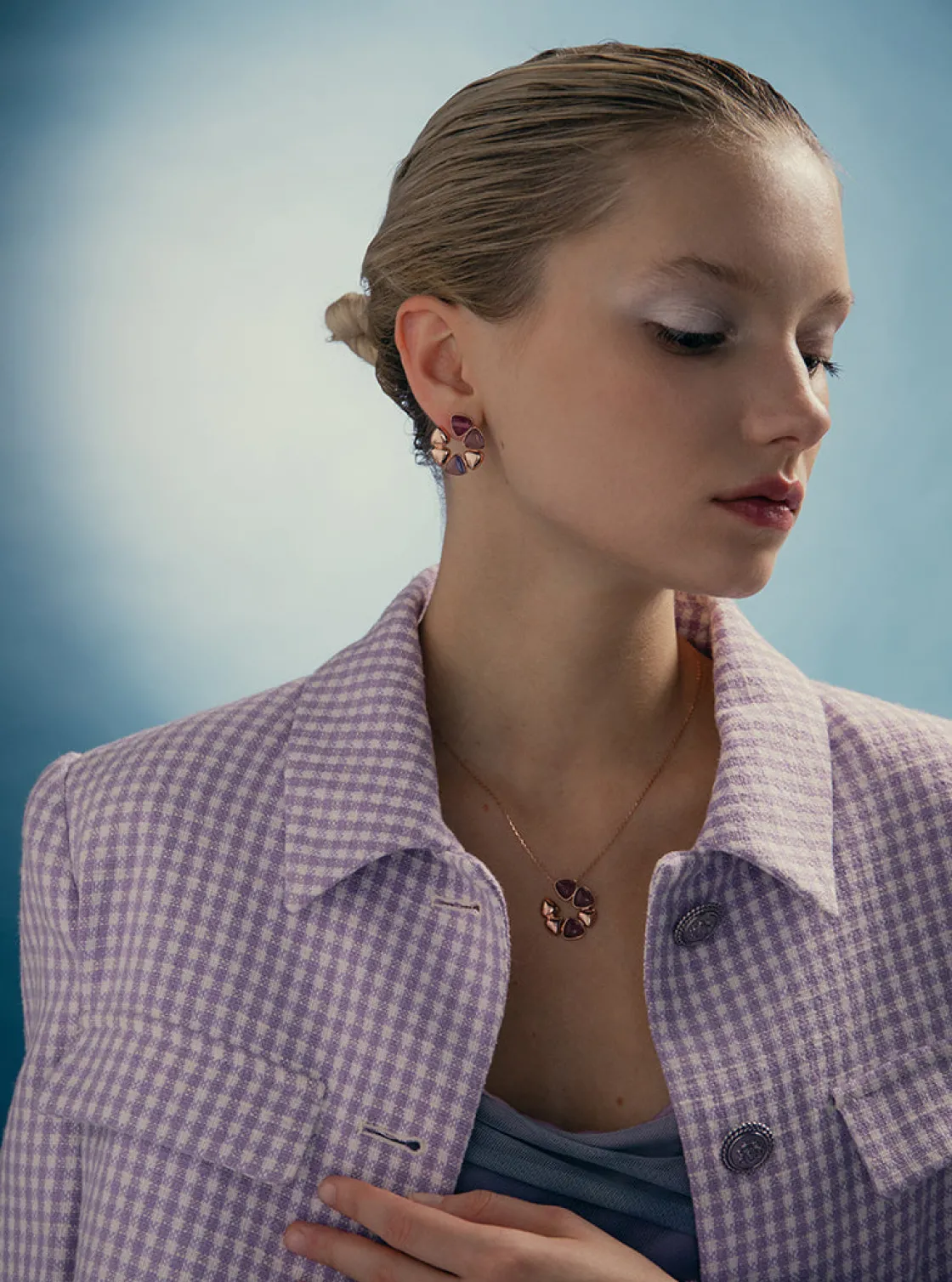 Collares Con Piedras | LINEARGENT Collar diseño floral combinada en plata bañada en rosa y detalles morados