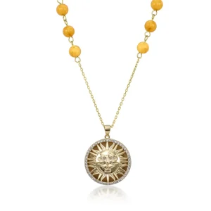 Collar Medalla | LINEARGENT Collar medalla de plata con motivo de sol de plata lisa piedras semipreciosas y esmalte naranja