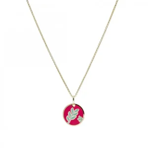Collar Medalla | LINEARGENT Collar medalla de plata de motivo floral de esmalte en tono rosa fucsia