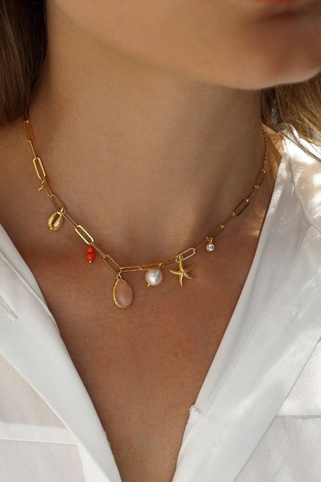 Collares Con Mini Colgantes | LINEARGENT Collares con colgantes de plata con motivo marino rose quartz y coral