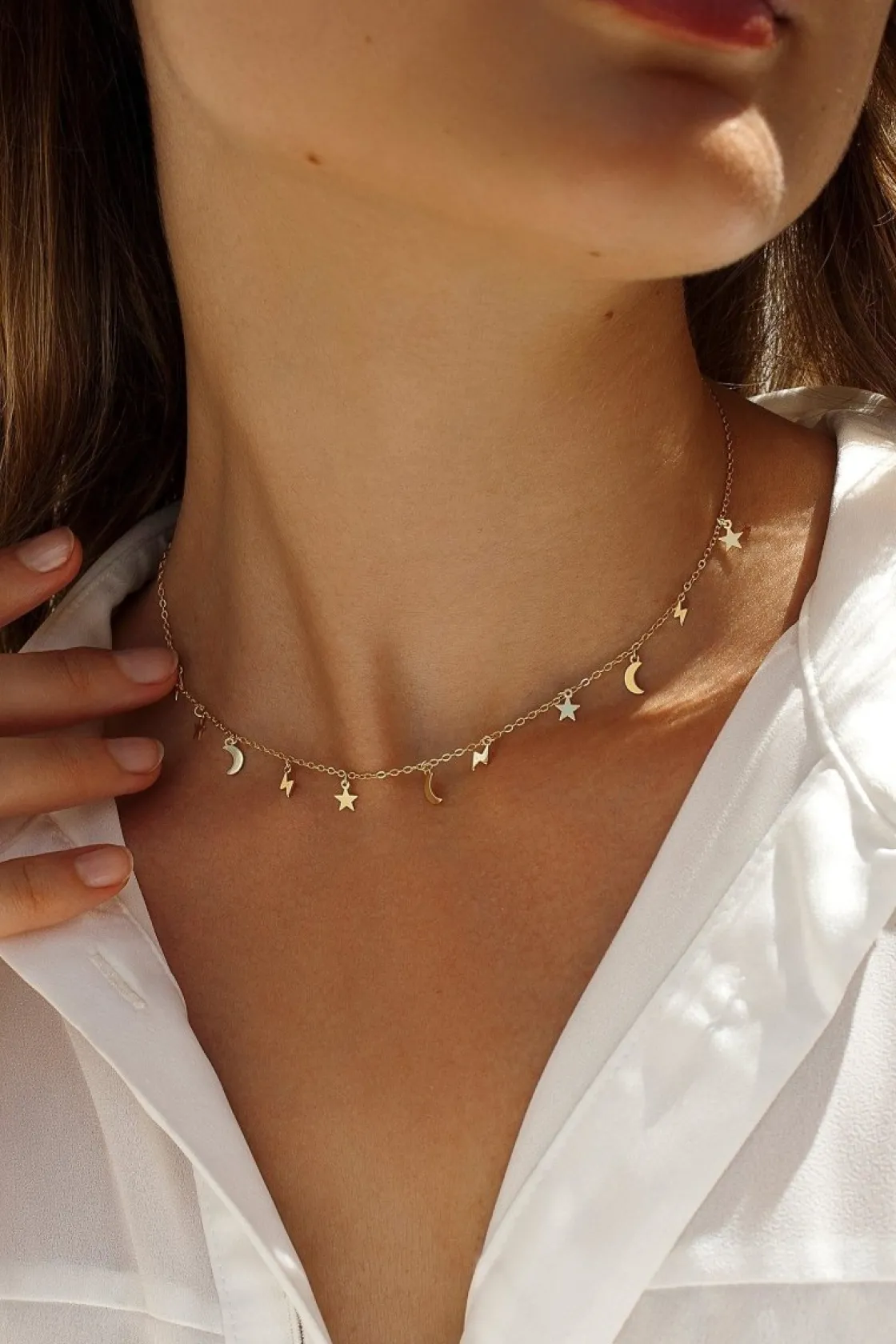 Collares Con Mini Colgantes | Collares Cortos | LINEARGENT Collares con colgantes de plata diseño astral dorado de luna estrella rayo