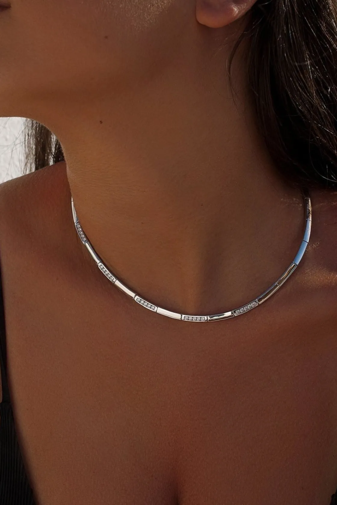 Collares Fiesta | LINEARGENT Collares cortos diseño de piezas de plata lisa con circonitas