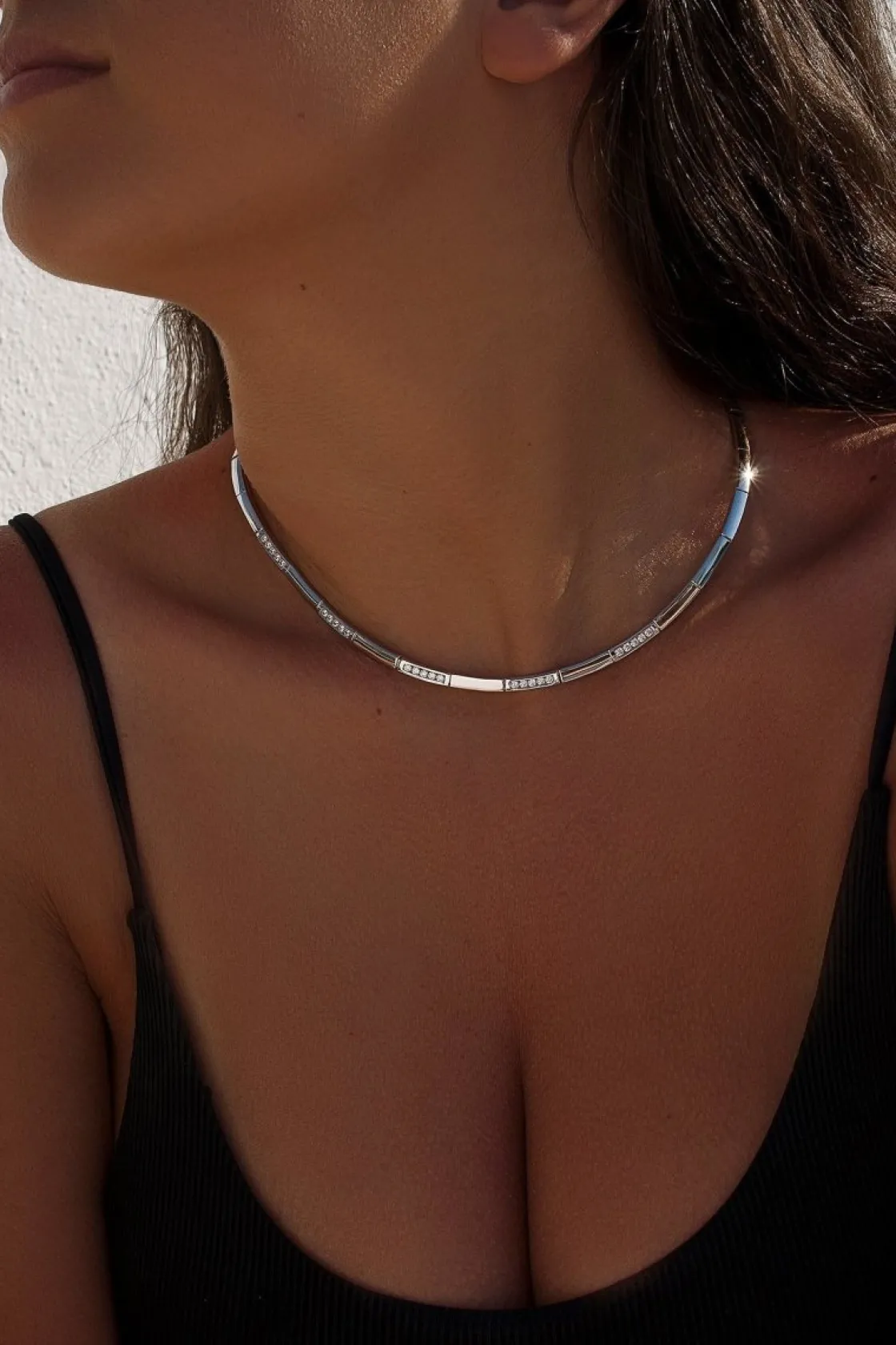 Collares Fiesta | LINEARGENT Collares cortos diseño de piezas de plata lisa con circonitas
