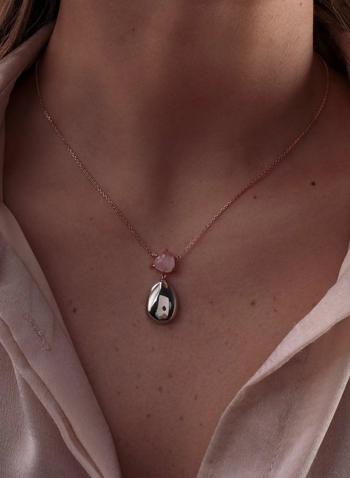 Collares Con Piedras | LINEARGENT Collares de plata diseño lágrima en tono rosa