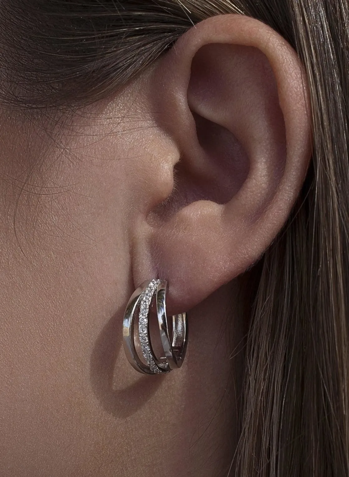 Pendientes Aro | LINEARGENT Pendientes aro de plata diseño triple con circonitas