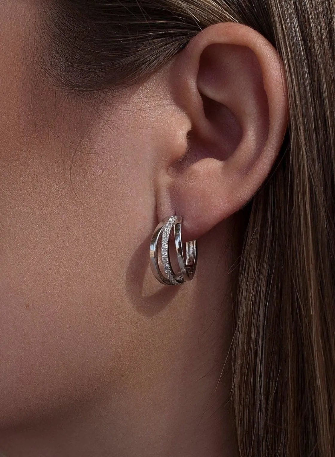 Pendientes Aro | LINEARGENT Pendientes aro de plata diseño triple con circonitas