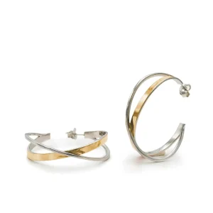 Pendientes Bicolor | Pendientes Aro | LINEARGENT Pendientes aro diseño bicolor con doble raíl entrecruzados