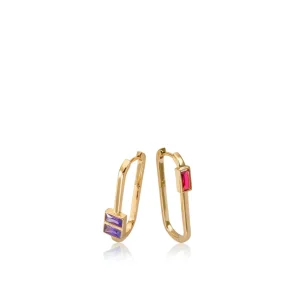 Pendientes De Piedras De Colores | LINEARGENT Pendientes aro diseño rectangular con gemas lavanda y fucsia