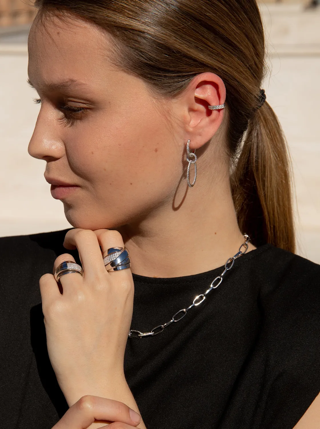 Pendientes Originales | Pendientes Largos | LINEARGENT Pendientes aros con colgantes diseño de triple aro con circonitas