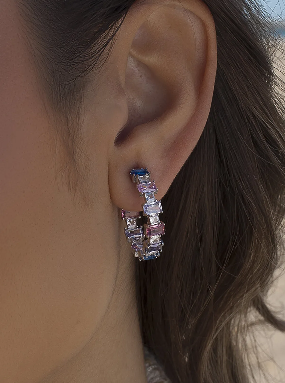 Pendientes De Piedras De Colores | Pendientes Aro | LINEARGENT Pendientes aros con piedras de colores azules y morados